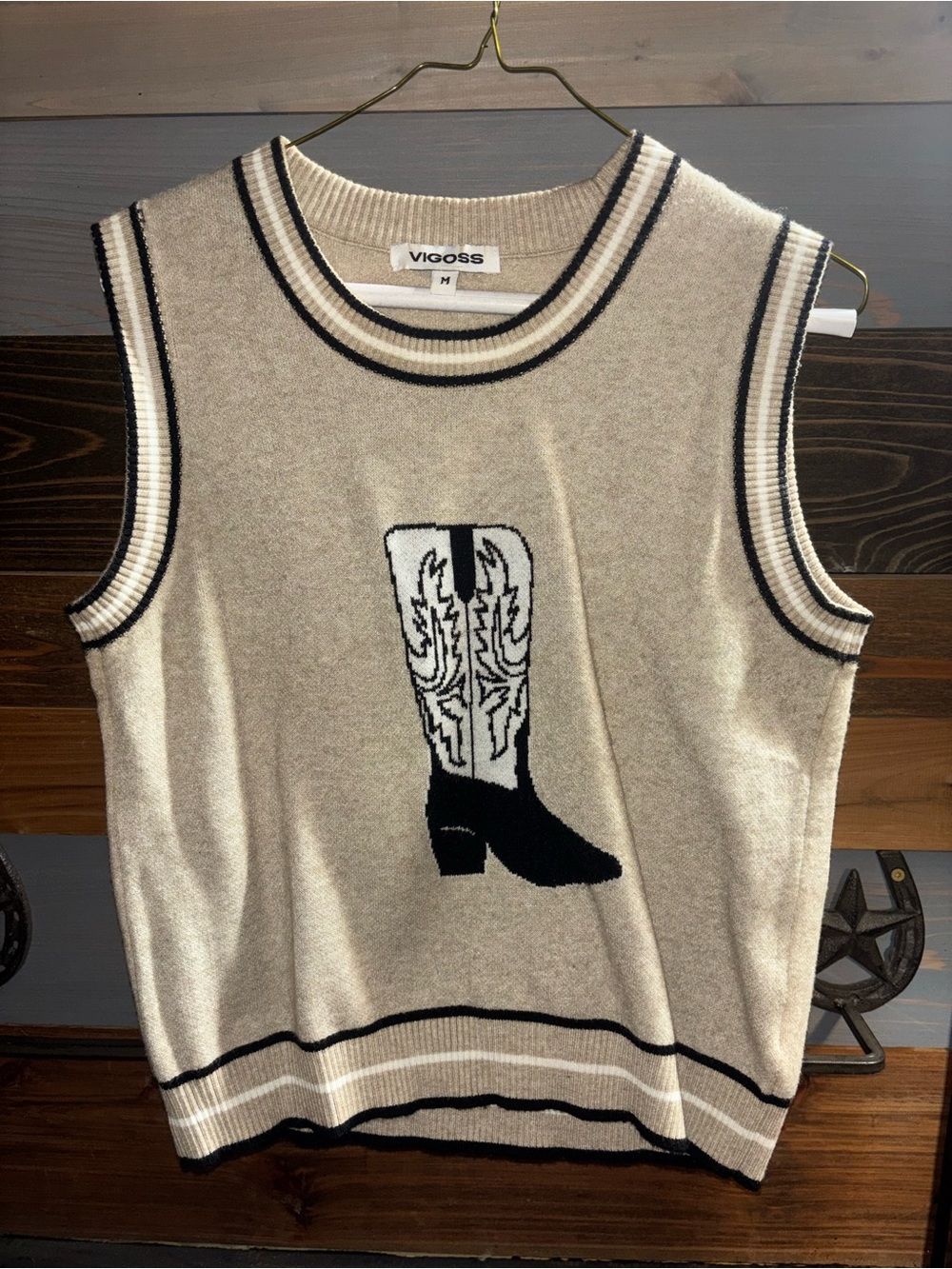 Vigoss Cream and Black Knit Crewneck Sweater Vest with Boot Motif